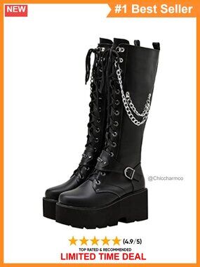 Knee High Combat Boots Lace Up Platform Goth PU